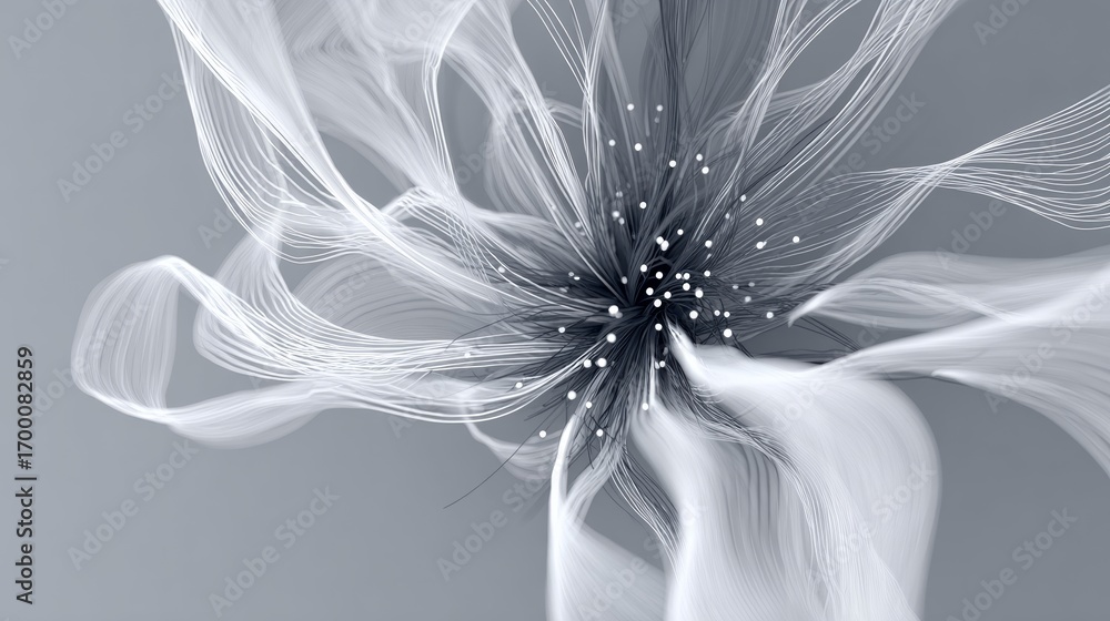 Poster elegant abstract grey and white art with soft focus radial bloom and flowing lines in composition