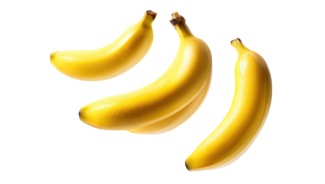 Three ripe bananas, yellow and glossy, arranged in a slightly overlapping, Y-shape against a black background.  Each banana has a noticeable stem