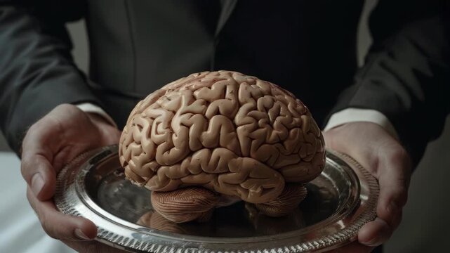 Surreal  of a man holding a brain on a plate, suggesting the value and significance of cognition and innovation.