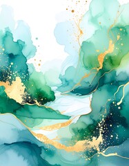 Abstract landscape of teal and emerald green with gold accents