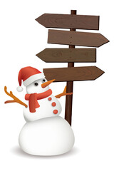 3D cute snowman wearing Santa hat holding blank old wooden direction sign post isolated on white background graphic illustration.