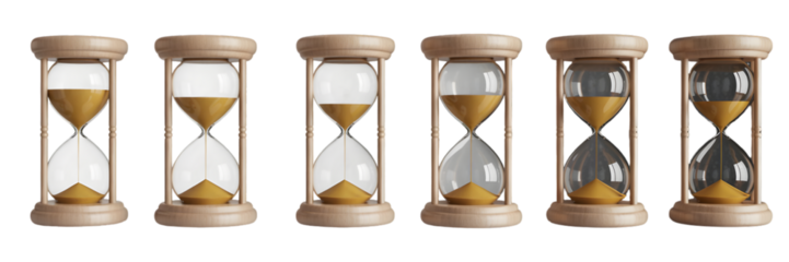 set Wooden hourglasses with sand flowing, representing the passage of time Isolated on white and transparent background