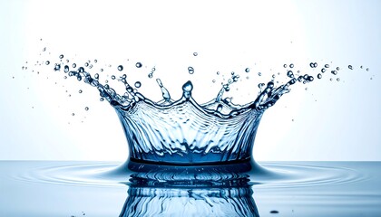 A captivating crown-like splash of water, showcasing intricate details and a serene, cool tone against a bright background.