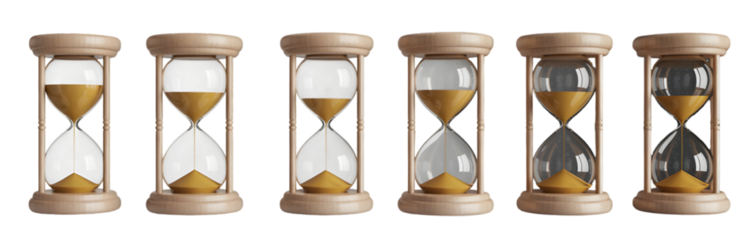 set Wooden hourglasses with sand flowing, representing the passage of time Isolated on white and transparent background - Powered by Adobe