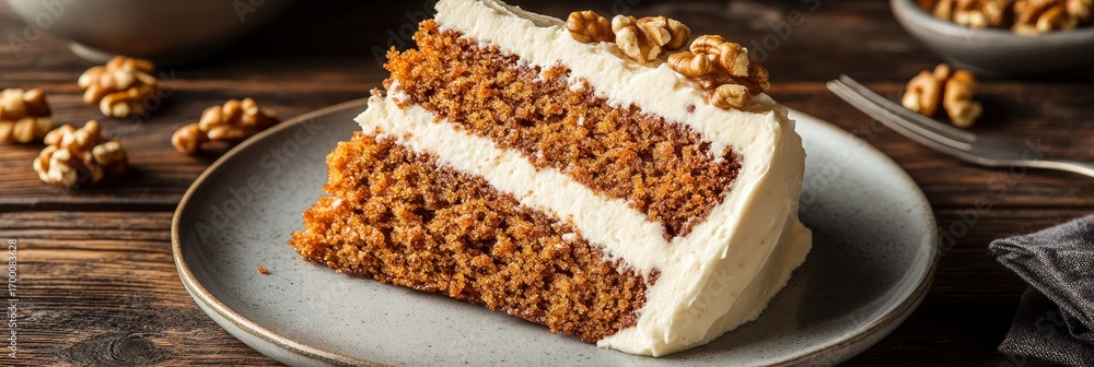 Poster moist carrot cake with cream cheese frosting and walnuts on a rustic wooden table display
