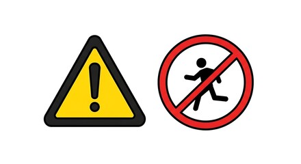 Essential safety symbols a yellow warning triangle with an exclamation mark and a red prohibition sign showing a running figure to alert people to hazards and restricted areas