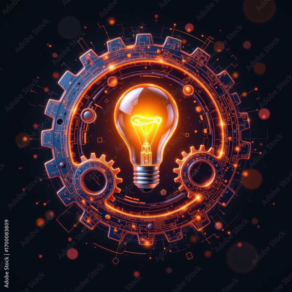 Poster illuminated light bulb surrounded by gears and abstract digital elements on dark background