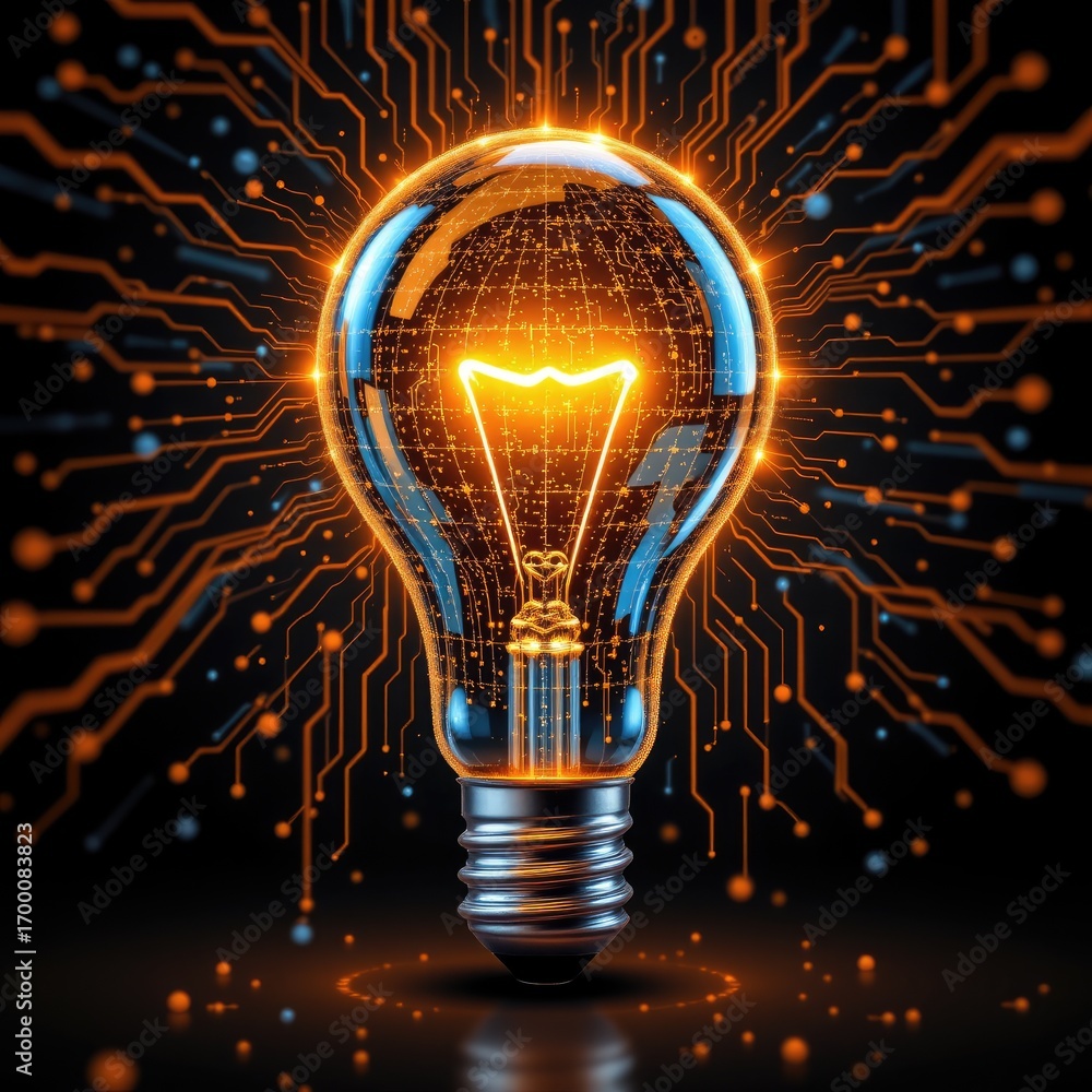 Poster bright idea concept with light bulb and digital circuit representation symbolizing innovation and te