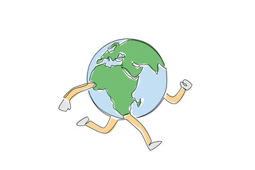 A creative single line drawing concept of the Earth illustrated with arms and legs in motion, symbolizing World Environment Day theme and global unity in a fun business concept design style.