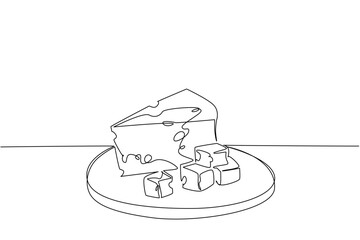 Single line drawing of cheese cubes arranged on a plate, created for food concept illustration in National Cheese Day theme, emphasizing dairy nutrition, gourmet style, and artistic minimalism.