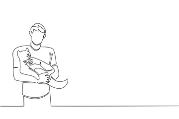 A single line drawing illustration of a young man gently holding a cat, celebrating National Hug Your Cat Day with love and comfort, in a warm animal care and pet health concept design.