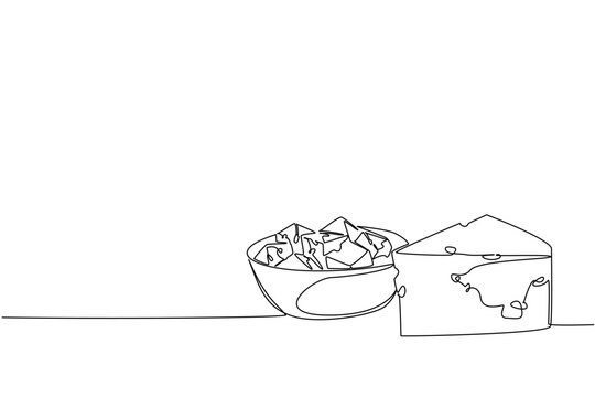 Continuous line drawing of cheese wedge beside a bowl of cubes, designed as a food concept for National Cheese Day, highlighting dairy products, nutrition value, and international celebration. - Powered by Adobe