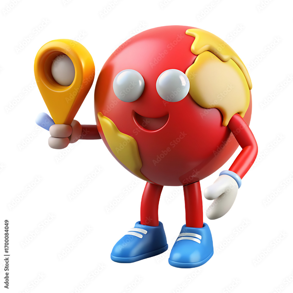 Poster cute cartoon globe character holding a yellow map location pin with a cheerful expression on a dark 