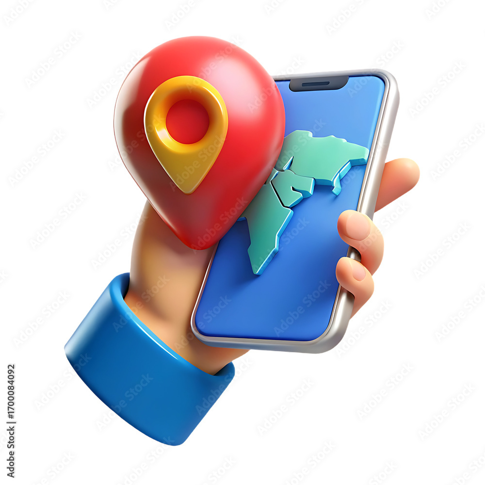 Poster 3d cartoon hand holding smartphone with world map and red gps pin symbolizing travel navigation and 