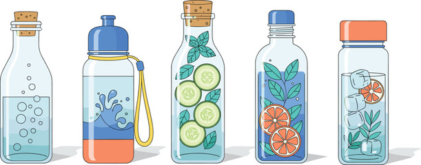 Vector set of infused water bottles with cucumber, mint, orange, rosemary, bubbles, and splash designs for hydration and health themes