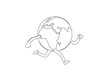 Single line drawing of Earth running with human legs, created for Global Running Day, showcasing sport concept and symbolizing health, energy, and global celebration of fitness.