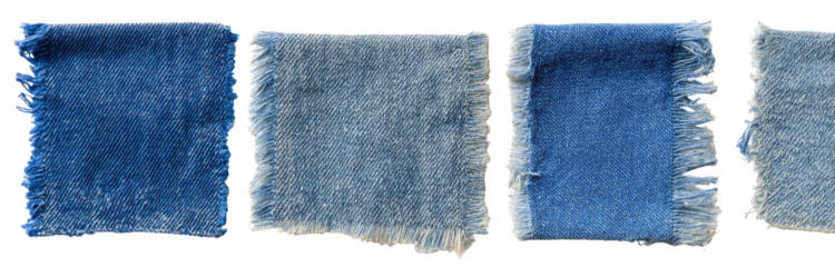 Four denim swatches, varying shades of blue, frayed edges