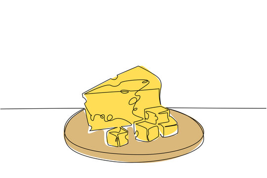 Single line drawing of cheese wedge with small cubes on a plate, themed for National Cheese Day in a food concept. Artistic vector design celebrating dairy culture and culinary enjoyment.
