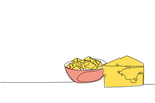 Single line drawing of a cheese wedge beside a bowl of cubes, symbolizing National Cheese Day in a food concept. Minimalist vector illustration for celebrating global dairy heritage and cuisine.