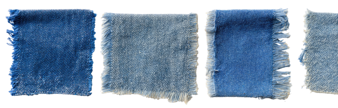 Four denim swatches, varying shades of blue, frayed edges