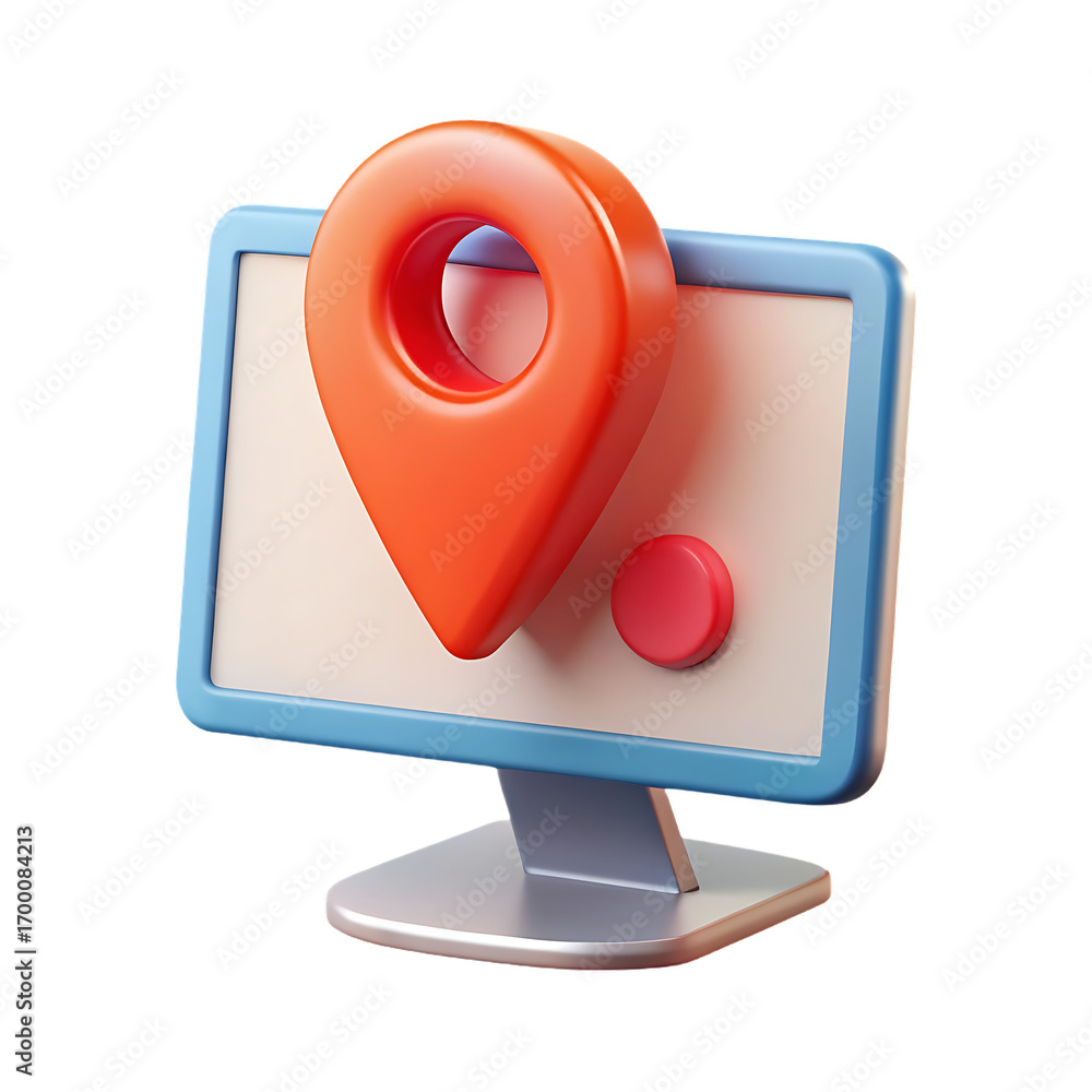 Fototapete 3d rendering of a map pin icon superimposed on a computer monitor displaying a digital map interface