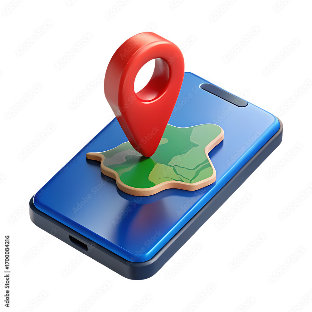Poster 3d red map pin location marker on blue smartphone screen displaying green map fragment