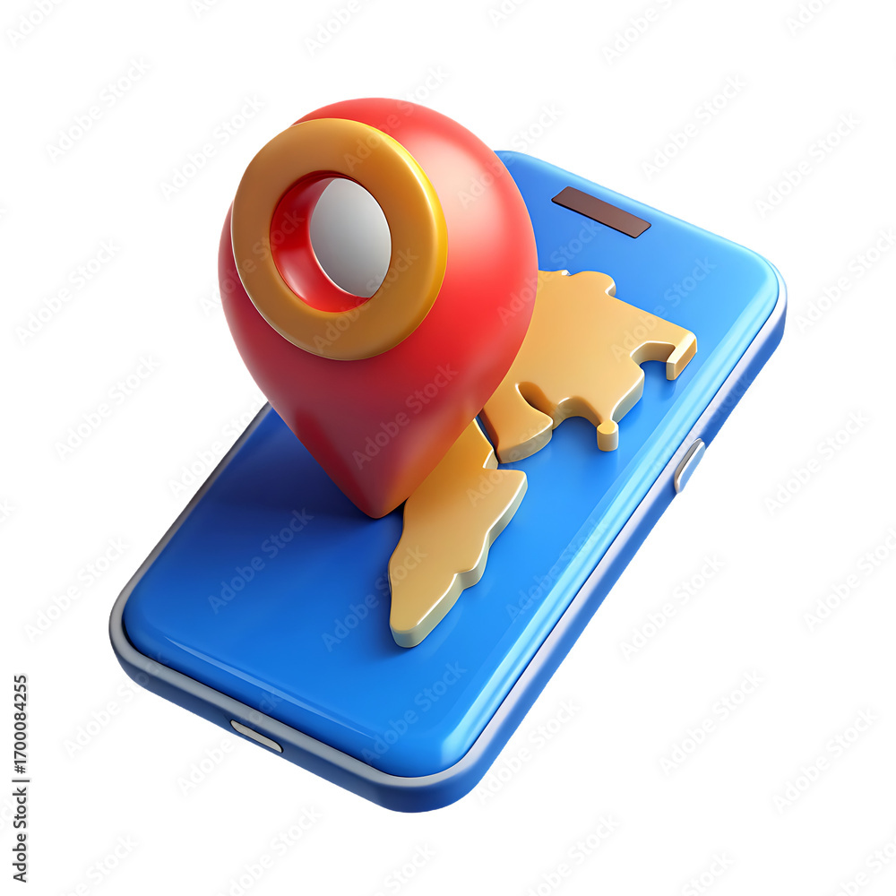 Poster 3d navigation map app on smartphone with location pin and continent overlay concept for global trave