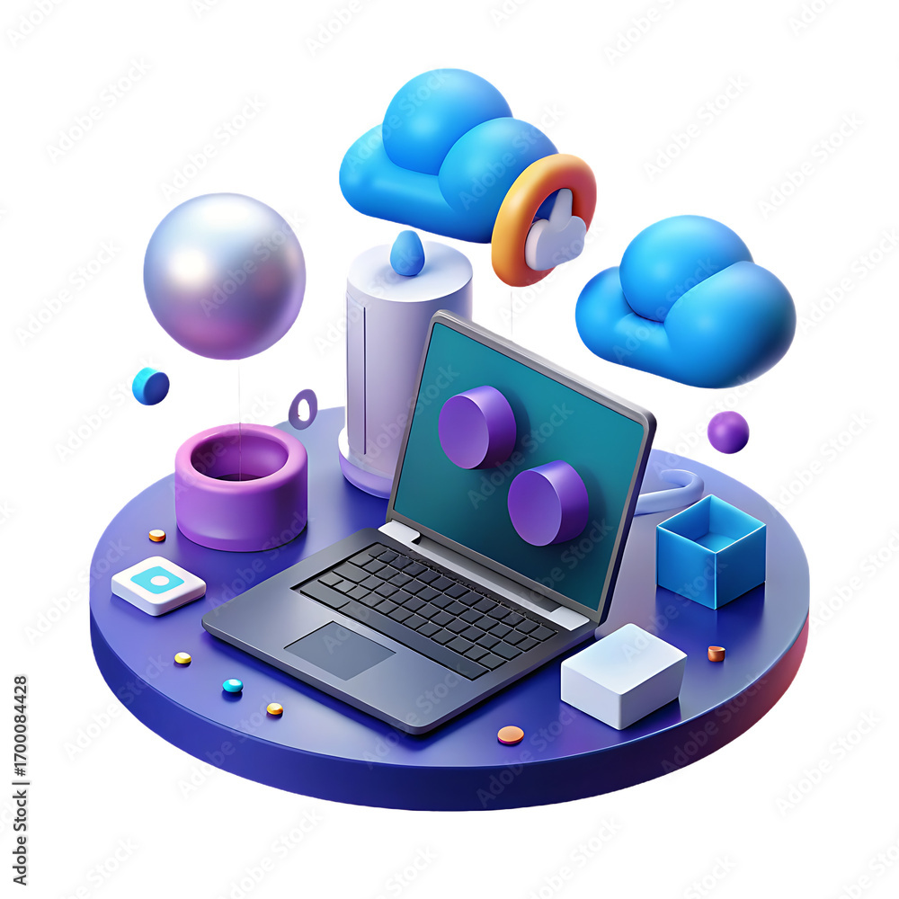Poster 3d render of a stylized isometric workspace with laptop clouds and futuristic elements for cloud com