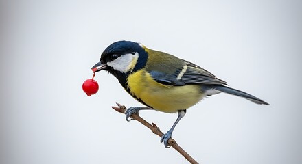 小鳥が赤い実をくわえた白背景写真、シンプルで美しい構図