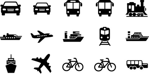 Transportation icon set in a simple black silhouette style including car, bus, train, airplane, bicycle and ship