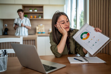 Bored businesswoman looking at financial chart while working from home