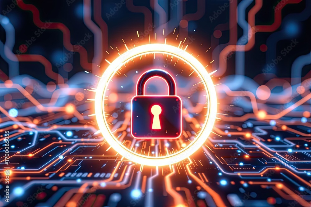 Poster digital padlock symbol within glowing circuit design showcasing cybersecurity and technology themes 