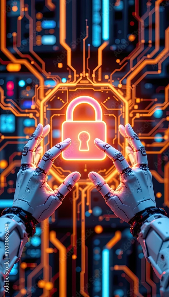 Poster futuristic robot hands protecting a digital lock symbol with neon lights and circuit patterns
