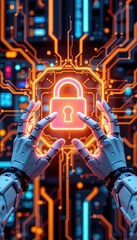 Obraz premium Futuristic Robot Hands Protecting a Digital Lock Symbol with Neon Lights and Circuit Patterns