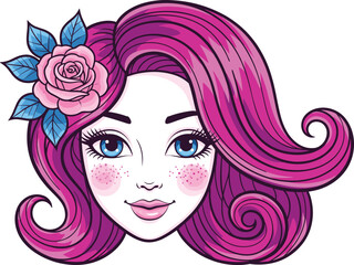 Cartoon-style woman portrait with magenta hair, blue eyes, rose accessory, and fantasy beauty features for decorative themes