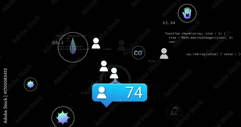 Poster displaying blue notification bubble showing user icon and number 74 on interface, with data visuals