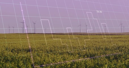 Spanning flowering crop field at wind farm at dusk, with wind turbines, grid and graph overlay
