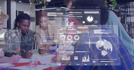 Collaborating six colleagues analyzing charts and digital overlays in office, with sticky notes