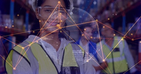 Monitoring logistics worker scanning network overlay in warehouse racks, with hard hat and headset