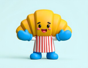 Cartoon croissant character with a striped apron