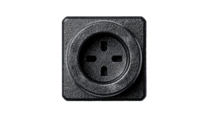 Dark gray, square, textured, metal plate with circular center and four small holes