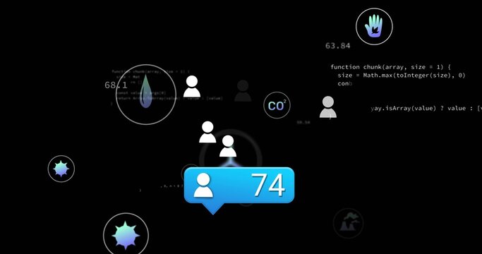 Displaying blue notification bubble showing user icon and number 74 on interface, with data visuals