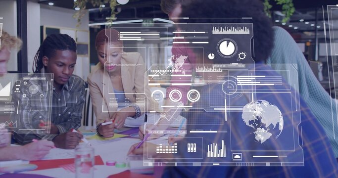 Collaborating six colleagues analyzing charts and digital overlays in office, with sticky notes - Powered by Adobe