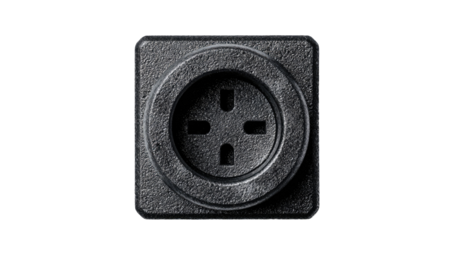 Dark gray, square, textured, metal plate with circular center and four small holes