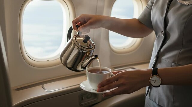 Flight attendant gracefully pours steaming hot tea into a white cup from a polished teapot, offering premium service for an enhanced travel experience in-flight aboard an airplane.