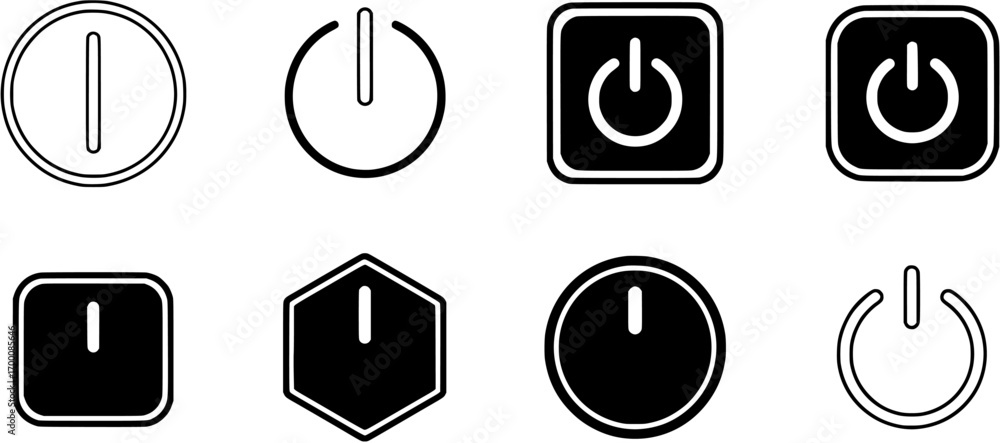 Poster power button icon set with different styles and shapes in simple line art design