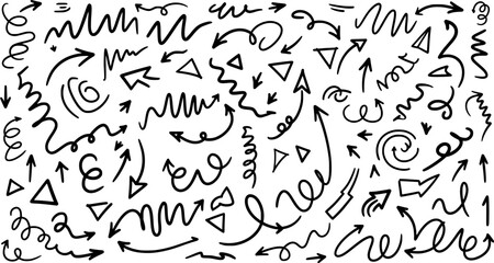 Obraz premium Hand-drawn black doodle arrows set collection in different shapes and directions on white background