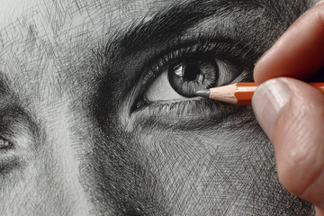 Hand holding pencil drawing portrait of woman. Leisure activity and hobby concept.