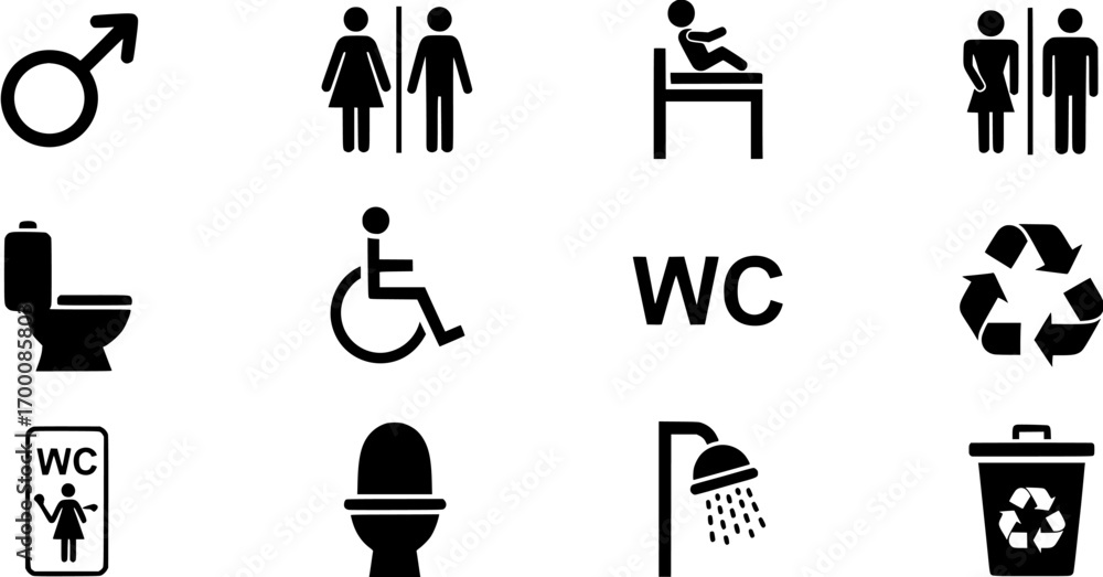 Poster black and white restroom and sanitary minimal icon set for public navigation