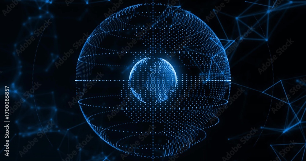Poster floating blue sphere in digital void, showing inner dot-matrix globe and wireframe and network mesh